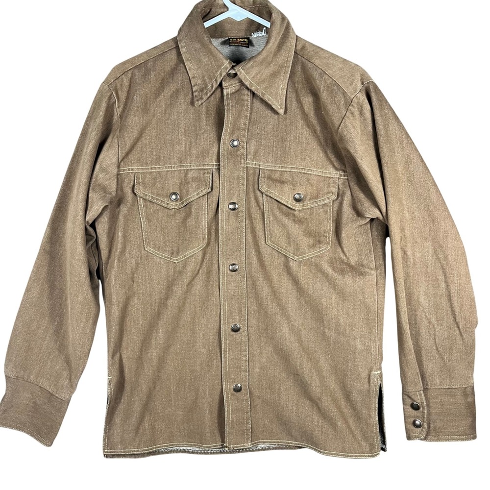 70's Big Yank Work Shirt Mens L Brown Vintage Western Press Twill Snap Button Up